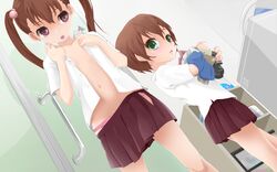  1girl :o androgynous bathroom brother_and_sister brown_hair commentary_request crossdressing dutch_angle flat_chest green_eyes hair_bobbles hair_ornament highres holding laundry long_hair navel no_bra open_mouth open_shirt original panties pink_eyes pink_panties pleated_skirt school_uniform seifuku short_hair skirt trap twintails underwear undressing yuki18r 