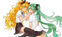  2girls blonde_hair blue_eyes bow curly_hair green_eyes green_hair hair_bow hair_ribbon hand_on_another's_chin hatsune_miku long_hair multiple_girls pin_(leehn0507) pleated_skirt ribbon school_uniform seeu skirt thigh-highs twintails vocaloid 