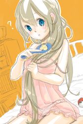  1girl ? barefoot blue_eyes blush character_request hair_brush hair_brushing light_brown_hair long_hair nightgown nokuran off_shoulder on_bed panties poke_ball pokemon pokemon_(game) polka_dot polka_dot_panties rough see-through sitting solo strap_slip underwear underwear_only very_long_hair wariza 