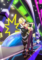  bangs bare_shoulders black_legwear blonde_hair blue_eyes cable eka full_body gym_leader hands_on_hips headphones high_heels kamitsure_(pokemon) leaning_forward pantyhose pokemon pokemon_(game) pokemon_bw shoes sparkle standing zebstrika 