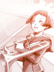  ^_^ blush_stickers closed_eyes eyes_closed instrument matsunaga_ayane monochrome neckerchief open_mouth persona persona_4 school_uniform serafuku short_hair smile solo stairs t0kiwa trombone 
