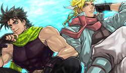  2boys black_hair blonde_hair blue_eyes blue_jacket boots caesar_anthonio_zeppeli fingerless_gloves gloves green_eyes headband jacket jojo_no_kimyou_na_bouken joseph_joestar_(young) ka_du midrif multiple_boys scarf short_hair sitting 
