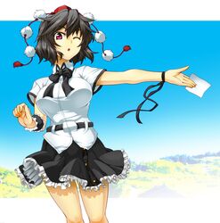  1girl :o black_hair breasts hat large_breasts red_eyes shameimaru_aya short_hair skirt solo tokin_hat touhou tsukinami_kousuke wink 