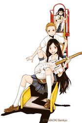  artist_name black_legwear brown_eyes brown_hair glasses guitar holding instrument kneehighs loafers long_hair looking_at_viewer multiple_girls open_mouth orange_eyes orange_hair original pleated_skirt school_uniform shoes short_hair simple_background sitting skirt slide sweat sweater_vest tamaoki_benkyou tomboy white_background white_legwear 