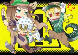  >_< 3boys beanie beard blonde_hair boots brown_hair chasing chibi claws diego_brando dinosaur facial_hair fangs gloves green_eyes gyro_zeppeli hat johnny_joestar jojo_no_kimyou_na_bouken long_hair multiple_boys nata red_eyes running scary_monster_(stand) slit_pupils stand_(jojo) steel_ball_run tail tears 