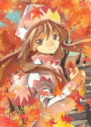  autumn brown_eyes brown_hair capelet hat leaf lily_white long_hair maple_leaf smile solo touhou tree yohane 