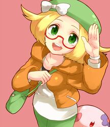  bag bel_(pokemon) beret blonde_hair bow coat from_above glasses green_eyes hat irouha looking_at_viewer munna pokemon pokemon_(game) pokemon_bw2 salute semi-rimless_glasses shoulder_bag under-rim_glasses wristband 