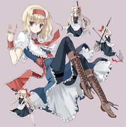  alice_margatroid alternate_hairstyle apron battle_axe belt black_legwear blonde_hair blue_dress blue_eyes boots capelet cross-laced_footwear doll dress full_body hairband hand_gesture jewelry knee_boots lace-up_boots long_legs multiple_girls necktie pantyhose polearm ra-bit ring shanghai shanghai_doll short_hair simple_background solo sword title_drop touhou trident waist_apron weapon wrist_cuffs wrist_ribbon zweihander 