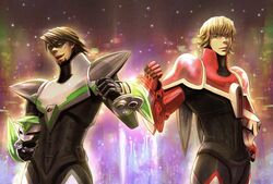  barnaby_brooks_jr blonde_hair brown_eyes brown_hair facial_hair green_eyes headwear_removed helmet helmet_removed kaburagi_t_kotetsu mask multiple_boys power_armor power_suit stubble superhero tiger_&amp;_bunny unbrfjsn wild_tiger 