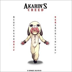  akaza_akari animal_costume assassin's_creed assassin's_creed dog_costume kei-suwabe parody pink_hair short_hair solo translated translation_request ubisoft yuru_yuri 
