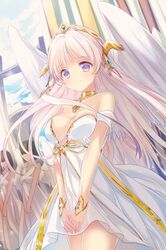  angel_wings bare_shoulders black_hair bow breasts brown_hair cleavage dress jewelry long_hair lowres necklace pink_hair purple_eyes reum ribbon short_hair smile standing strapless sword_girls tiara very_long_hair violet_eyes wings 