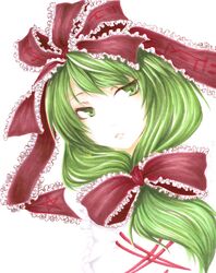  bow dutch_angle frills front_ponytail graphite_(medium) green_eyes green_hair hair_bow hair_ornament hair_ribbon kagiyama_hina long_hair marker_(medium) open_mouth portrait ribbon rinsan_(nametake) simple_background solo touhou traditional_media white_background 