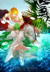  aimeeapril armlet barefoot blonde_hair bracelet cloth earrings enkidu_(fate/strange_fake) fate/strange_fake fate_(series) feet fern ferns gilgamesh green_hair highres jewelry long_hair male multiple_boys necklace ring robe toga 