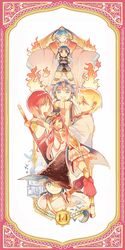  ali_baba_saluja blonde_hair blue_eyes blue_hair braid character_request dual_persona fire fushitasu hair_bun hat long_hair magi_the_labyrinth_of_magic morgiana red_eyes red_hair redhead ren_gyokuen ren_hakuryuu ren_kouha short_hair side_ponytail sword turban weapon witch_hat young yunan 