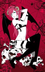  bikini black_legwear demon_girl horns long_hair looking_at_viewer megurine_luka navel pale_skin pink_hair side-tie_bikini sitting siyu solo succubus swimsuit thigh-highs thighhighs vocaloid white_skin 