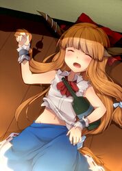  bare_shoulders blush bottle bow brown_hair drooling hair_bow horns ibuki_suika long_hair low-tied_long_hair lying marimo_danshaku navel on_back open_mouth shirt_lift sleeping solo touhou very_long_hair wrist_cuffs 