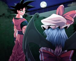  1girl bat_wings black_eyes black_hair blue_hair crossover dragon_ball dragon_ball_z dragonball_z from_behind full_moon hat kamishima_kanon moon night remilia_scarlet short_hair smile son_gokuu touhou wings 