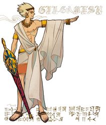  armlet blonde_hair bracelet character_name cuneiform ea_(fate/stay_night) earrings fate/zero fate_(series) gilgamesh headband highres jewelry necklace nicalka red_eyes sandals solo toga 