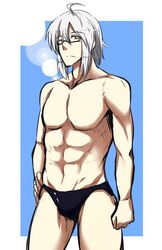  1boy abs ahoge aoinu chest collarbone glasses morichika_rinnosuke silver_hair solo touhou yellow_eyes 