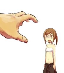  bandage bandages bangs bare_shoulders brown_eyes brown_hair hands hoshigaki_(kyuukp) midriff navel open_mouth pants ponytail sarashi sekaiju_no_meikyuu sekaiju_no_meikyuu_3 shogun_(sekaiju) short_hair size_difference solo surprised sweatdrop swept_bangs turn_pale 