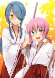  :d androgynous aqua_eyes autumn_leaves bamboo_broom blue_hair blush broom hair_over_one_eye inazuma_eleven_(series) inazuma_eleven_go japanese_clothes kazemaru_ichirouta kirino_ranmaru long_hair looking_at_viewer male marimo_danshaku multiple_boys open_mouth pink_hair ponytail red_eyes smile trap 