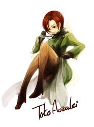  aozaki_touko glasses high_heels mahou_tsukai_no_yoru pantyhose red_eyes red_hair redhead removed removing_glasses shoes solo uni_(pixiv3369507) 