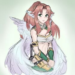 agarest_senki angel_wings blush breasts brown_hair cleavage exp green_eyes large_wings long_hair midriff ponytail silvi solo sword tubetop under_boob underboob vambraces weapon wings 