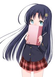  ahoge black_hair blue_eyes blush book copyright_request hair_ornament highres hirunene_no_kikinene holding holding_book long_hair looking_at_viewer plaid plaid_skirt school_uniform shouji_ayumu simple_background skirt solo white_background 