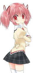  1girl hair_ribbon kaname_madoka ko_ru_ri mahou_shoujo_madoka_magica pink_eyes pink_hair ribbon school_uniform short_hair skirt solo thigh-highs twintails white_legwear 
