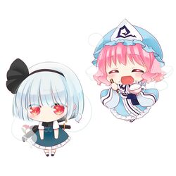  2girls ^_^ chibi chopsticks closed_eyes food food_on_face hair_ribbon hat katana ko_ru_ri konpaku_youmu konpaku_youmu_(ghost) multiple_girls open_mouth pink_hair red_eyes ribbon rice rice_bowl rice_on_face saigyouji_yuyuko short_hair silver_hair smile sword touhou triangular_headpiece weapon 
