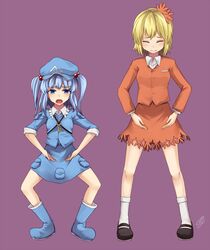  2girls aki_shizuha blonde_hair blue_eyes blue_hair boots dress_shirt hair_bobbles hair_ornament hat kawashiro_nitori mary_janes miyo_(ranthath) multiple_girls open_mouth purple_background shirt shoes short_hair simple_background skirt skirt_set squatting touhou twintails 