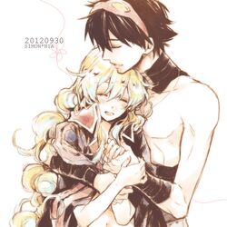  1girl choker closed_eyes coat couple eyes_closed goggles goggles_on_head hand_holding holding_hands hug nia_teppelin shirtless simon smile suzushiro_(szsr) tengen_toppa_gurren_lagann 
