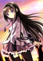  akemi_homura akino_shin argyle argyle_legwear black_hair black_legwear blue_eyes from_behind hairband long_hair looking_back mahou_shoujo_madoka_magica pantyhose skirt solo 