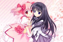  1girl 2girls akemi_homura black_hair blush bow choker gloves hairband highres kaname_madoka long_hair magical_girl mahou_shoujo_madoka_magica multiple_girls open_mouth pink_eyes pink_hair rei_(rei's_room) ribbon short_twintails skirt twintails violet_eyes white_gloves 