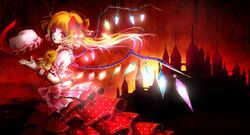  absurdres artist_request ascot bad_id blonde_hair castle crystal dress flandre_scarlet hat hat_ribbon highres long_hair puffy_sleeves red_eyes ribbon side_ponytail solo touhou wings 