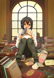  book boots dress_shirt feet_on_table green_eyes kino kino_no_tabi reading shirt short_hair sumio too_many_books window 