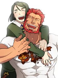  beard black_hair facial_hair fate/zero fate_(series) hug hug_from_behind male multiple_boys muscle red_hair redhead rider_(fate/zero) rugo12 waver_velvet 
