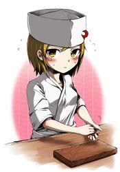  alternate_costume blonde_hair blush chef_hat chopping_board cooking crescent flat_top_chef_hat flying_sweatdrops harusame hat holding lunasa_prismriver short_hair solo sweat touhou yellow_eyes 