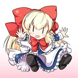  apron blue_dress bow capelet chibi dress frilled_dress frills hair_bow long_hair long_sleeves nogisaka_kushio open_mouth outstretched_arms outstretched_hand shanghai shanghai_doll smile solo touhou waist_apron |_| 