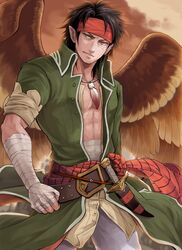  bandage bandages belt bird black_hair brown_hair dagger fire_emblem fire_emblem:_akatsuki_no_megami fire_emblem:_souen_no_kiseki hachina hawk headband jacket male open_clothes open_jacket pointy_ears scar short_hair smile tibarn weapon wings 