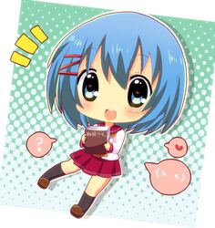  bad_id blue_eyes blue_hair blush book chibi hair_ornament heart heart-shaped_pupils holding holding_book kumakichi_(toshigat) open_mouth otoha_shiori roudoku_shoujo smile solo symbol-shaped_pupils toshigat 
