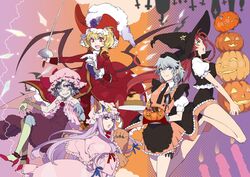  :d alternate_costume animal_ears bat_wings blonde_hair blue_eyes braid cat_ears cosplay dress fang flandre_scarlet flower green_eyes halloween hat high_heels highres hong_meiling hook izayoi_sakuya jack-o'-lantern jack-o'-lantern long_hair maid_headdress multiple_girls open_mouth patchouli_knowledge paws pirate pumpkin purple_eyes purple_hair red_eyes red_hair redhead remilia_scarlet ribbon ritz_(h322) rose shoes short_hair silver_hair smile star sword touhou twin_braids violet_eyes weapon wings witch_hat zombie 