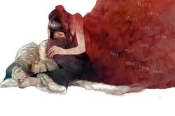  1boy 1girl bare_shoulders blonde_hair brown_hair coat dress earrings flower fur hair_flower hair_ornament hair_over_eyes hiver_laurant jewelry lips lying michele_malebranche nail_polish number on_stomach profile red_dress roman sleeveless sleeveless_dress sound_horizon wide_sleeves 