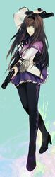  akemi_homura argyle argyle_legwear babyfoxcc black_hair black_legwear blue_background blue_eyes dual_wielding gun hairband handgun highres long_hair magical_girl mahou_shoujo_madoka_magica pantyhose realistic shield solo weapon 