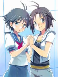  2girls ahoge black_hair blue_eyes blush brown_eyes dual_persona holding_hands idolmaster idolmaster_xenoglossia interlocked_fingers kikuchi_makoto looking_at_viewer multiple_girls ribbon school_uniform serafuku shirt short_hair shorts skirt smile 