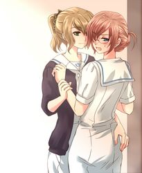  blonde_hair blue_eyes blush embarrassed glasses hakuisei_ren'ai_shoukougun hakuisei_ren'ai_shoukougun hand_on_ass hug light_smile looking_away multiple_girls numanuma nurse ootsuka_hatsumi pink_hair ponytail uniform wrist_grab yamanouchi_yasuko yellow_eyes yuri 