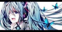  aqua_eyes aqua_hair blue_eyes butterfly close-up face hatsune_miku headphones letterboxed long_hair necktie nishina_(alive001) open_mouth portrait singing solo tears twintails vocaloid 