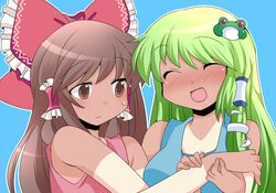  alternate_costume blue_background bow brown_eyes brown_hair closed_eyes eyes_closed frog_hair_ornament green_hair hair_bow hair_ornament hair_tubes hakurei_reimu hammer_(sunset_beach) kochiya_sanae long_hair multiple_girls open_mouth sleeveless snake_hair_ornament sweatdrop tan tanline touhou 