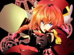  blue_eyes braid bunny burakura-jpg dress gloves graf_eisen hammer hat lyrical_nanoha magic_circle mahou_shoujo_lyrical_nanoha mahou_shoujo_lyrical_nanoha_a's mahou_shoujo_lyrical_nanoha_a's open_mouth orange_hair rabbit ribbon solo teeth twin_braids vita 