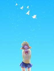  corrector_yui kasuga_yui school_uniform short_hair sky smile solo sweater yz 